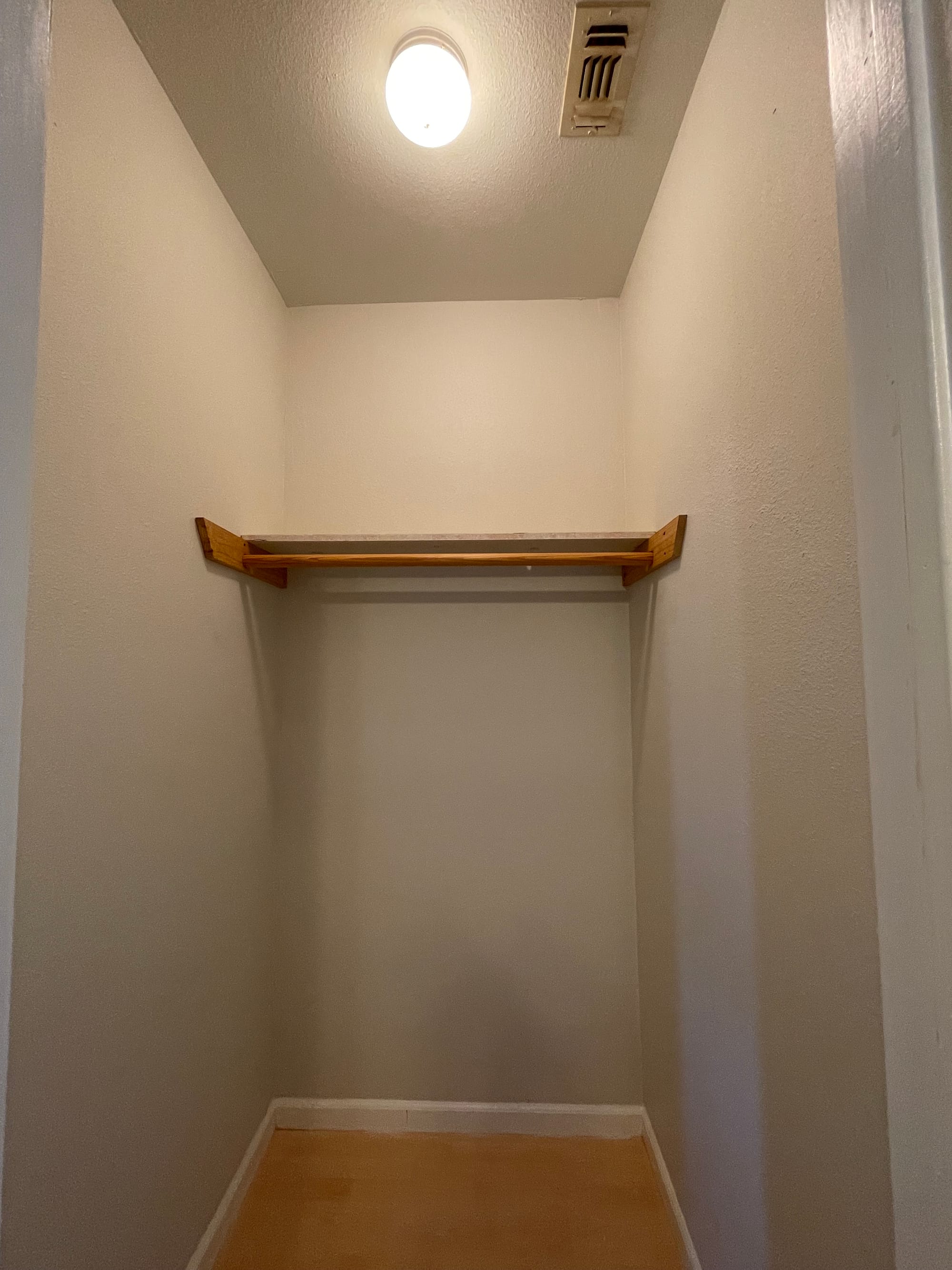 The closet as found: bare white walls, a single timber shelf and hanging rod, carpeted floor.